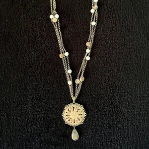 Necklace Monet Signed Carved Pendant Goldtone Bead Vintage